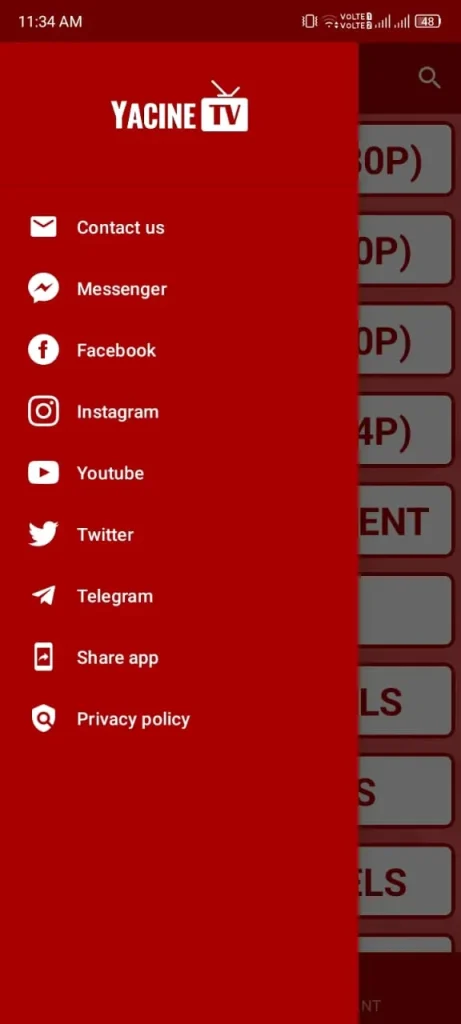 Yacine TV App Menu